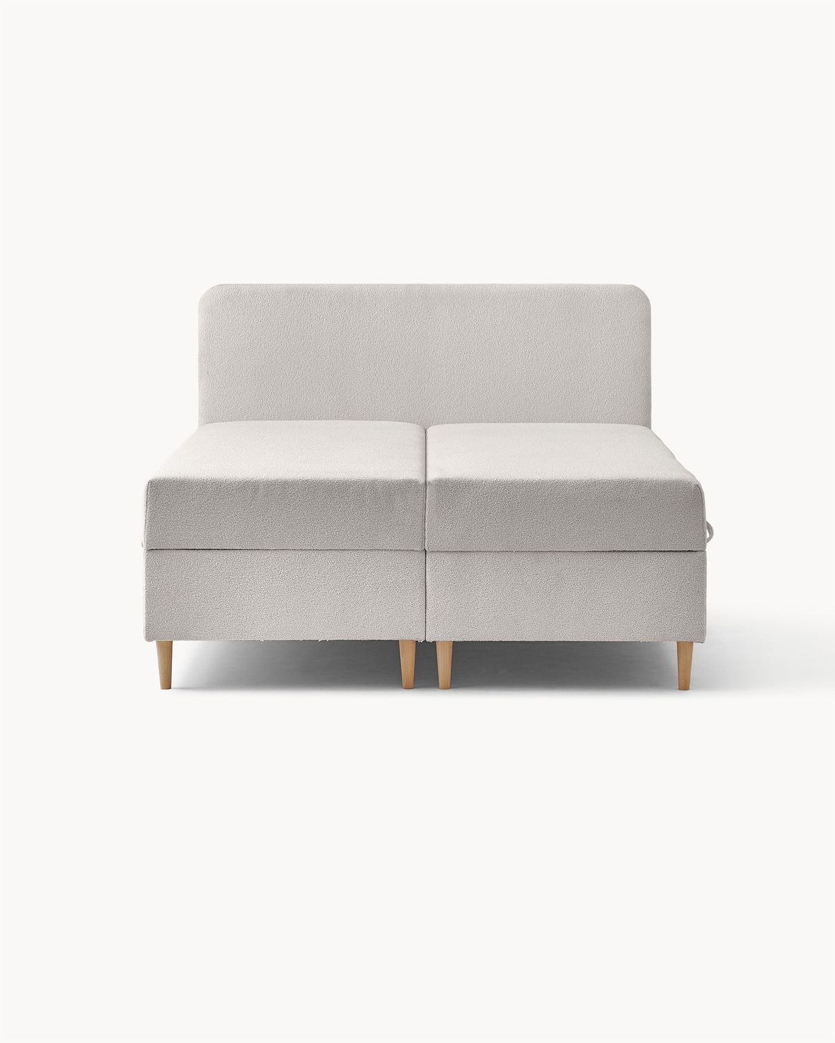 Łóżko kontynentale Mely, tkanina ando - widok z przodu łóżka z prostym wezgłowiem i niskimi nóżkami. Ramka łóżka o minimalistycznym designie.