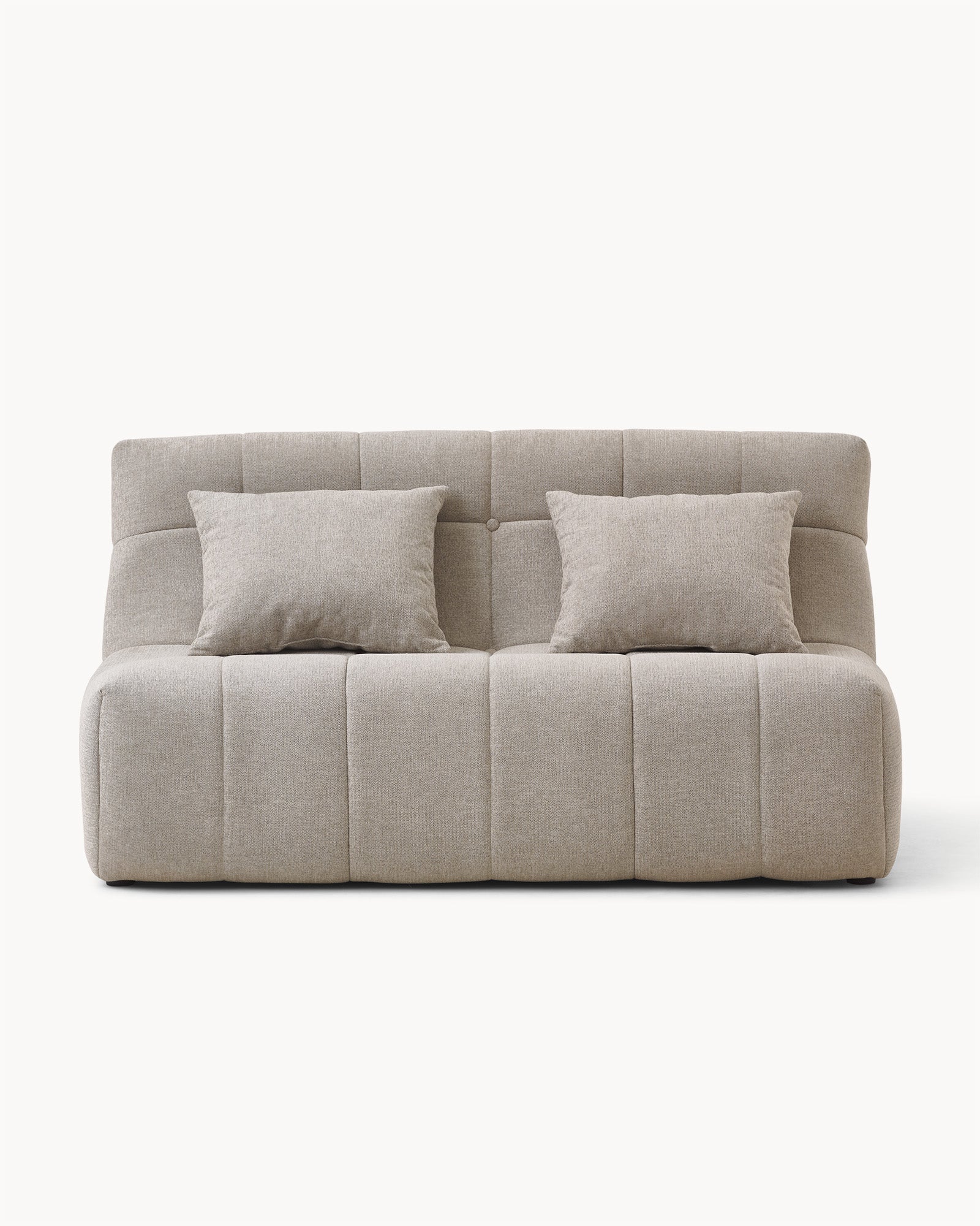 Sofa dwuosobowa SHAPE - sofa dwuosobowa widok z przodu, z dwoma poduszkami na siedzisku i przeszyciami.