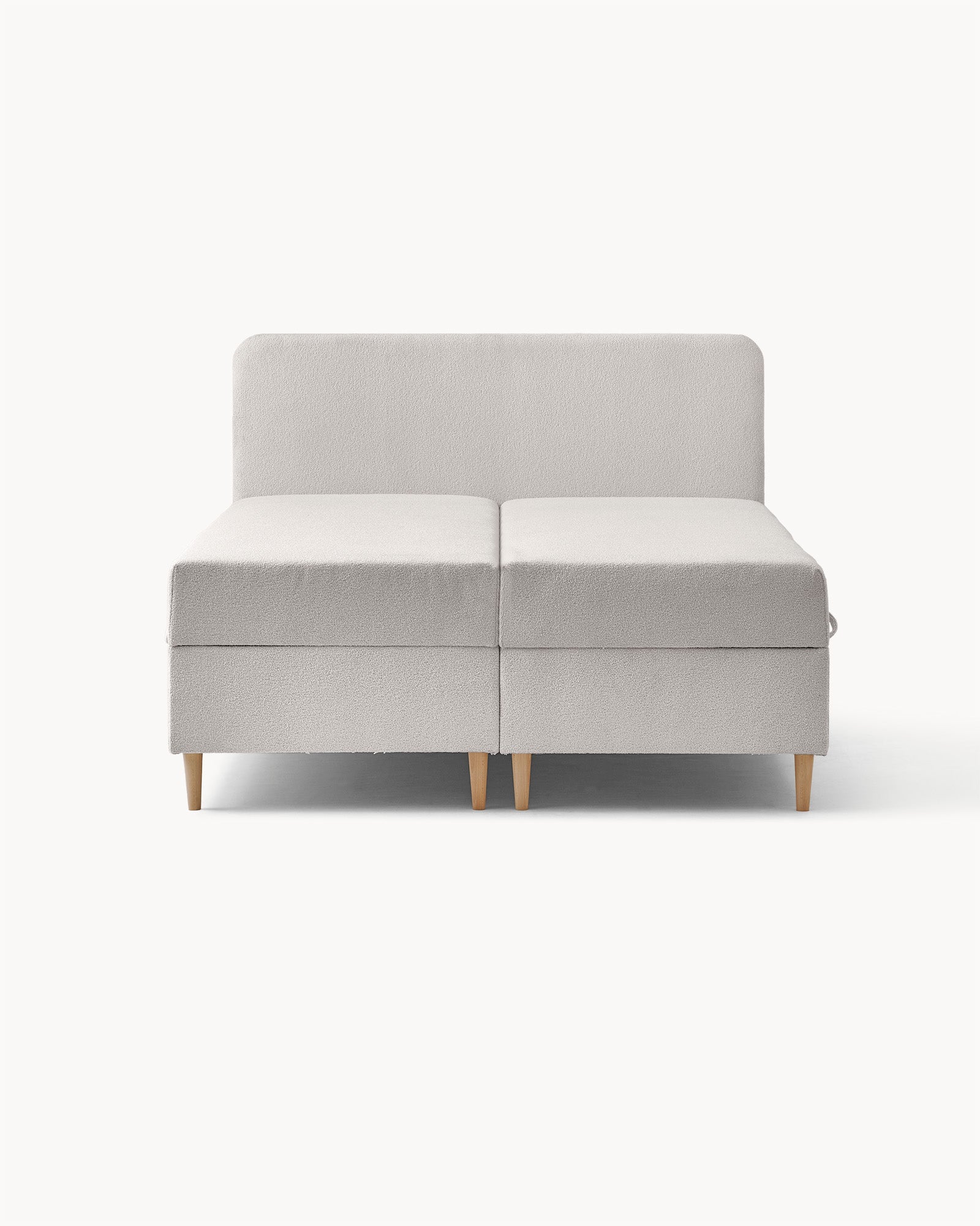 Łóżko kontynentale Mely, tkanina ando - widok z przodu łóżka z prostym wezgłowiem i niskimi nóżkami. Ramka łóżka o minimalistycznym designie.